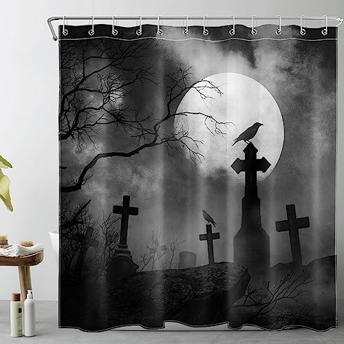LB Tenda da doccia spaventosa per Halloween, cimitero horror con corvo, albero morto, luna, tenda da doccia in tessuto con ganci, set da doccia grigio e nero, 183 x 183 cm