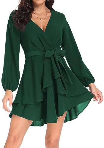 PCEAIIH Women's Cocktail Dresses Long Sleeve Empire Skater Dress Deep V-Neck Waist Tie Ruffle Mini Swing Dresses S Dark Green