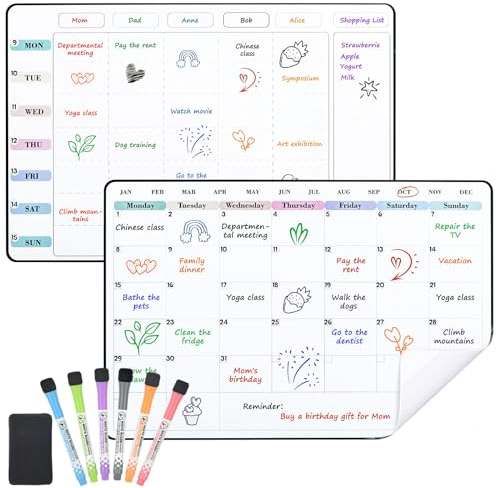 POPRUN Whiteboard Calendar Family Weekly and Monthly Planner for Fridge,Wall and Glass, Self Adhesive Dry Erase Board Stick on Any Smooth Surface,A3 Reusable Meal Planner Board Monday to Sunday-2 Pack