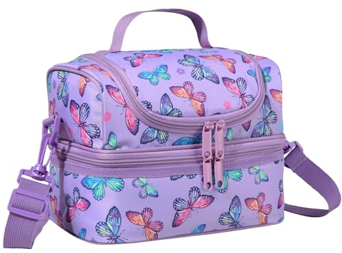 Bolsa Termica Porta Alimentos Infantil, Chase Chic Bolsa Termica Comida para Niñas en Compartimento Doble Escuela con Correa de Hombro Ajustable Desmontable, Picnic Comida para Viaje,Mariposas moradas