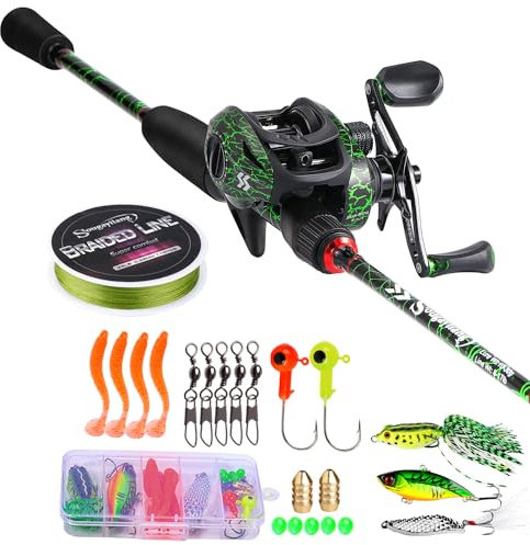 Sougayilang Angelrutenkombination, Baitcasting- und Spinnrolle mit IM6 Graphit-Rohlingruten (gegossen, Linkshänder mit komplettem Set, 1,8 m, mittel- schnell, 2 Stück)