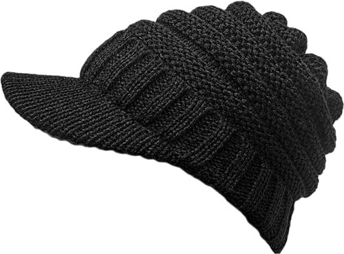 XYIYI Schwarze Damen Winter Warme Strickmütze Gerippt Slouchy Beanie Mütze mit Visor Krempe