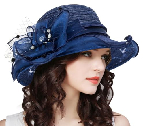 Vintage Organza-Derby-Hut, Kentucky-Hüte, Fascinator für Damen, Sommer, einfarbig, Sonnenhut, Glocke, Bowler-Hut, Marineblau, Medium