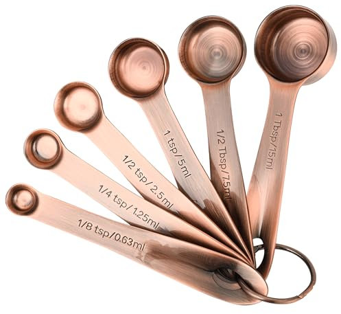 Viwehots Copper Measuring Spoons Set with Flat Bottom for Kitchen & Baking, Stainless Steel Measuring Spoons Set for Dry & Liquid, Metal Measuring Tools Set with Engraved US & Metri Markings