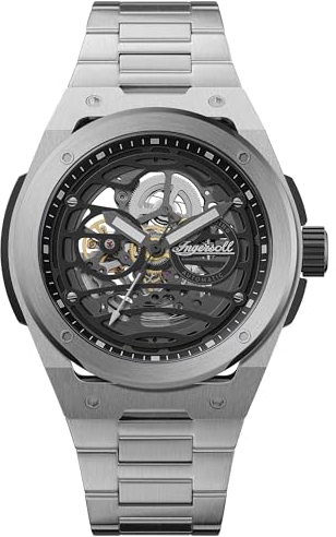 Ingersoll The Springfield 48 mm Automatic Herrenuhr mit schwarzem Skelettziffernblatt und schwarzem Edelstahl Armband I15203