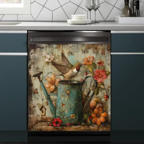 Floral Watering Can Birds Spring Dishwasher Magnet Cover,23 x 26 Dishwasher Cover,Retro Country Butterfly Magnetic Decal Vinyl Sticker Kitchen Decor Refrigerator Magnets Self Adhesive Wrap