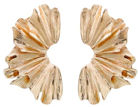 Ticome Exaggerated Leaf Flower Earrings,Fan Shaped Pleated Alloy Earrings,Retro Bohemian Ginkgo Leaf Earring,Trendy and Elegant Irregular Earring