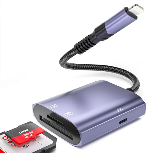 SD/TF Card Reader for iPhone SD Card Reader 3 in 1, Lightning to SD Card Reader with PD Port Camera Reader Adapter for iPhone Memory Card Adapter Camera Card Viewer for iPhone 14/13/12/11/X/XS/XR/8
