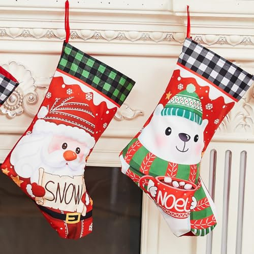 MHwan Calcetines Navidad Chimenea, 2 Piezas Lindos Osos Blancos Bebiendo té y Papá Noel, Calcetines Chimenea Navidad, 37 x 26 cm, Chimenea Cálida y Luminosa, Decoración del Árbol de Navidad
