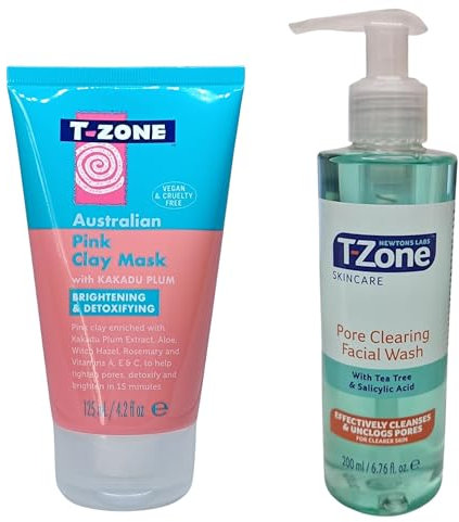 Australian Pink Clay Mask 125ml & T-Zone Skincare Pore Clearing Facial Wash 200ml | Detoxifying Face Mask & Deep Cleansing Facial Wash for Clear, Glowing Skin.