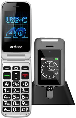 artfone G6 4G Telefono cellulare per anziani | Tasto SOS, base di ricarica, altoparlante, chiamata rapida | Telefono a conchiglia semplice con fotocamera | Menù italiano, doppio display, Grandi tasti