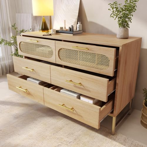 ANIROY Rattan Kommode Sideboard mit Schubladen, Komodenschrank, Schminktisch, für Wohnzimmer und Schlafzimmer, Metallgriffe, Kippschutz, 120 x 40 x 74 cm, Sonoma Eiche (Stil B)