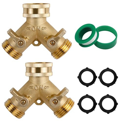 Triumpeek Gartenschlauch-Verteiler aus Messing, 3/4 Zoll, 2-Wege-Y-förmiger Wasserhahn-Adapter mit doppelten Absperrventilen, auslaufsicheres Design, inklusive 4 O-Ring-Unterlegscheiben und 1