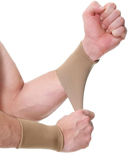 NEOtech Care Handgelenkbandage - elastisches und atmungsaktives Strickgewebe für Tennis, Fitnessstudio, Sport (Beige, 1 Paar, Größe M)