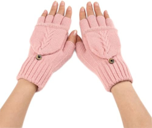TXWWUS Fingerlose Handschuhe Damen Winter Warme Handschuhe Convertible Halbfinger Fäustlinge-Klappe Touchscreen Radfahren Fahren Warme Herren Handschuhe ohne Finger (Rosa)
