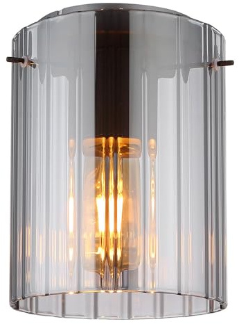 Ceiling Light Retro Living Room Lamp Glass Grooved Ceiling Light Grey Smoke Coloured Hallway Lamp 1x E27 Socket Diameter 18 x H 23 cm