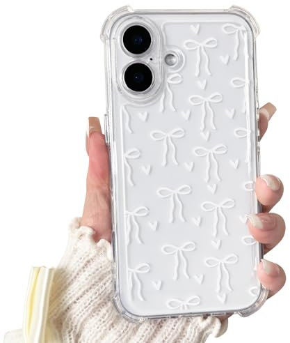 NITITOP Compatible with iPhone 16 Plus Case Clear with Four Corners Cute Bowknot Ribbon Heart Pattern for Women Girls Bow Soft TPU Shock-absorbing Protective Cover - White