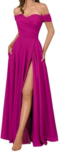 YIANN Vestidos de dama de honor de satén con hombros descubiertos para mujer con abertura plisada, vestido largo de noche formal, fucsia, 48 Grande