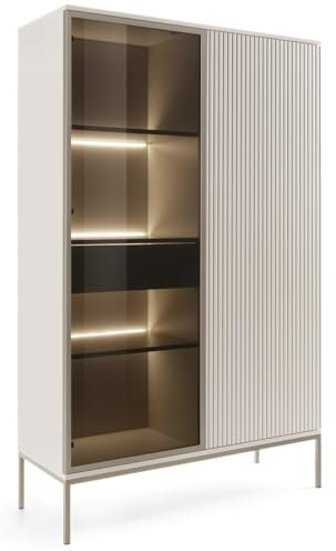 Emporius Haller Vitrinenschrank 100 cm, Glasvitrine Stehend - Highboard, Vitrine, Glasvitrine Beige mit LED und Lamellen - 166 cm hoch