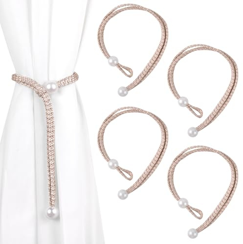 Dalababa 2 Pair Curtain Tie Backs Rope, Polyester Hand-Woven Drapery Holdbacks, Pearl Curtain Tiebacks Straps Buckles for Home Decor (Beige)