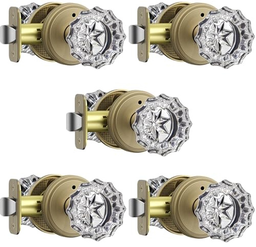 MAXECURITY 5 Pack Crystal Door Knob, Rosette Shaped Glass Door Knobs Interior with Lock, Antique Brass Door Knobs Interior Glass