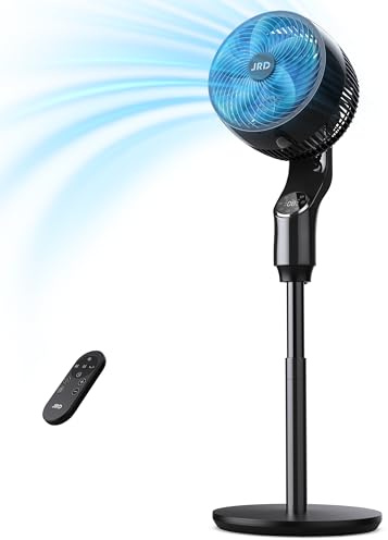 JRD Fan for Bedroom, 70° Oscillating Standing Fan, 100ft Quiet Pedestal Fans for Home Office, 85° Manual Vertical, Touch+Remote, 24H Timer,32 Wind Speeds, 39-43 Adjustable Height, Air Circulator