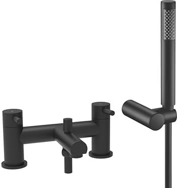 VeeBath Delta Bath Shower Mixer – Matt Black Finish, G3/4 Inlet, Dual Lever Deck Mounted with Round Shower Head, Bathroom Taps Basin Pair, Double Tap Shower Attachment