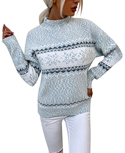 Norweger Pullover Damen Herbst - Strickpullover Damen Fair Isle Rundhals Elegant Norwegerpulli Warm Norwegerpullover Strick Winterpullis Norwegermuster Winterpullover Norwegen Island Sweater Frauen