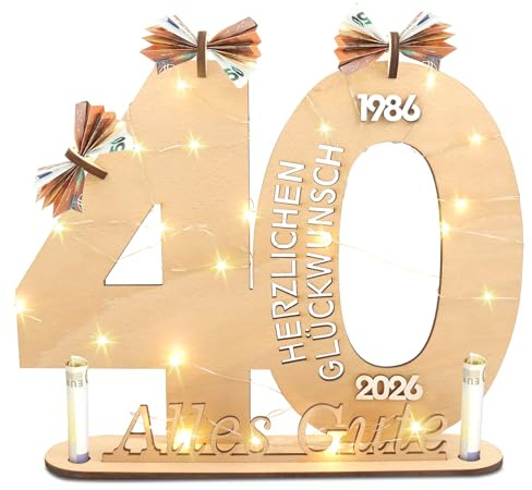 Holz-Schild Gästebuch,Geldgeschenke Geburtstag 40 | Gästebuch mit LED Lichterkette,40. Geburtstag Geldgeschenk Holz für Familie Freunde,Deko für Frauen & Männer