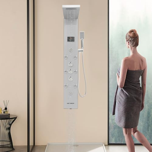 Duschpanel för badrum duschpelare 6-i-1 LED-duschpanel i rostfritt stål 304, vattenfalls- och regndusch, massagemunstycken | temperaturdisplay | väggmontering, silver