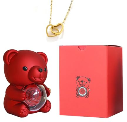Orsetto con rosa eterna e scatola portagioie, regalo romantico con collana da donna, idea regalo per San Valentino, festa della mamma, compleanno e matrimonio