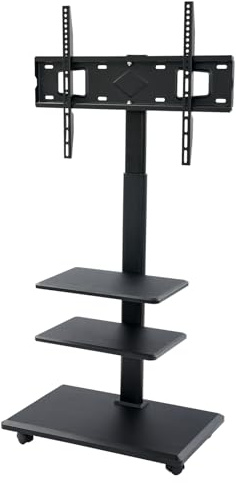 Mobile TV Stand 32-70 Inch Rollable TV Stand with 3-Tier Shelves & 60° Swivel, Height Adjustable 120-128cm Cold-Rolled Steel TV Floor Stand for Home Office Media Equipment Storage (Black)