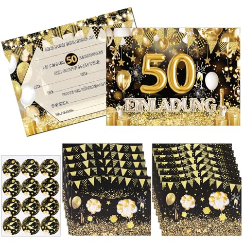 Ezydka Einladungen zum 50. Geburtstag Mann Einladungskarten 50. Geburtstag | 12 Geburtstagseinladung 12 Umschlag und Aufklebern für Frauen und Männer Party