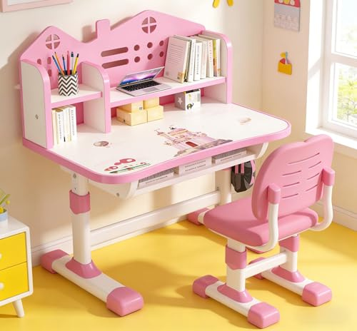 Fairnull Ensemble Bureau et Chaise pour Enfants avec Hauteur Ajustable, Fille 3-12 Ans Table Design Château Rose, Tiroir de Rangement et Porte-Livres