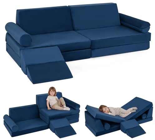 COSTWAY 10 teiliges Kindersofa mit Schlaffunktion, modulares Spielsofa gepolstert aus Kristallsamt mit waschbare Bezüge, Kindercouch ausklappbar, Kuschelecke für Jungen & Mädchen ab 3 Jahre (Blau)
