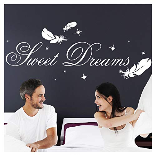 Grandora Wandtattoo Spruch Sweet Dreams I weiß (BxH) 180 x 50 cm I Sterne Federn Wandaufkleber Schlafzimmer Aufkleber Wandsticker Kinderzimmer Sticker W5102