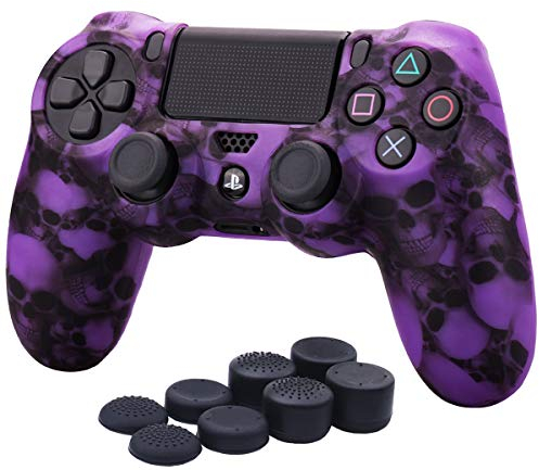 YoRHa Wasser Transfer Druck Schädel Silikon Hülle Abdeckungs Haut Kasten für PS4/slim/Pro Controller x 1 (lila) Mit Pro aufsätze Thumb Grips x 8