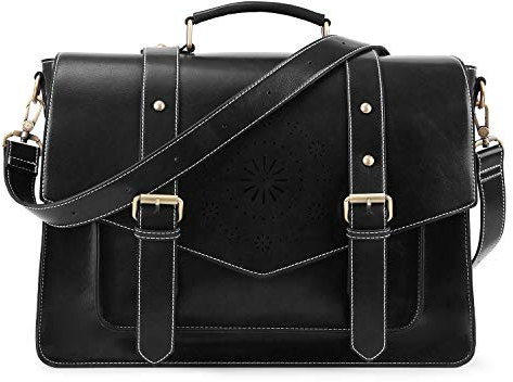 ECOSUSI Aktentasche Damen Laptoptasche 15,6 Zoll Schultertaschen Leder Umhängetasche Vintage groß business taschen Handtasche Arbeitstasche lehrertasche Schwarz