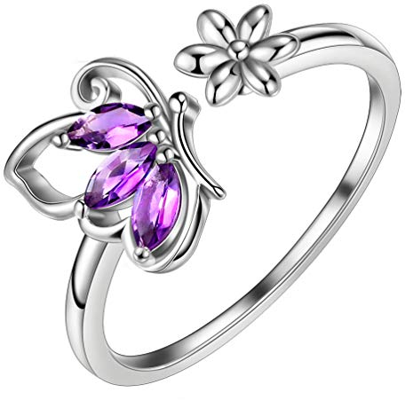 Aurora Tears Damenschmuck Schmetterling Ring 925 Sterling Silber Februar Birthstone Ringe Lila Amethyst Öffnung Einstellbare Ringe Lila Kristalle Zirkonia Gfits DR0074P