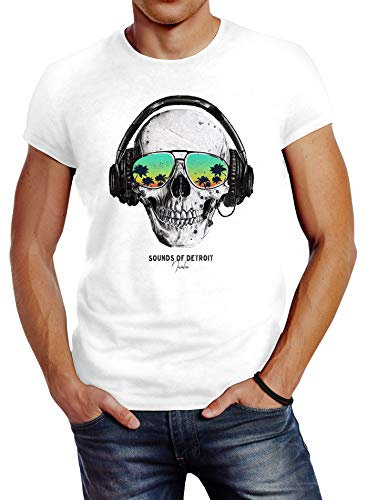 Neverless® Herren T-Shirt Totenkopf Kopfhörer Musik Party Skull Sonnenbrille Schädel Sounds of Detroit Music Slim Fit weiß M