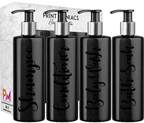 Print Maniacs Mrs Hinch Inspired Black Personalised Pump Bottles Bathroom Kitchen Set Shampoo Conditioner (Black)