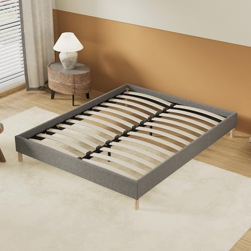 Lit Double avec sommier - Dimensions 180 x 200cm - Revêtement Tissu Gris - Stable et Robuste/Pieds centraux de Renfort