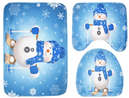 DOITOOL 3-teiliges Badezimmermatten-Set mit Weihnachts-Toilettensitzbezug, Rutschfeste Badteppiche für Badezimmerdekoration (Schneemann mit Blauem Schal)