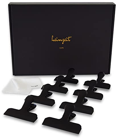 heimzeit Design Verschlussclips für Lebensmittelbeutel, Tüten und Dokumente aus hochwertigem Edelstahl in Schwarz [8 Stück, 77 x 20 x 30 mm] Farbige Verschlussklammern, Starke Federkraft