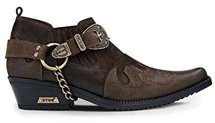 Scarpe da Uomo in Vera Pelle Marrone da Cowboy con Catena Cubana in Metallo Stile Winklepickers 43