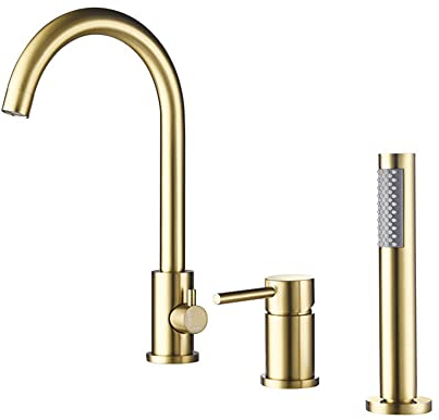 3 Loch Badewannenarmatur Wannenrandarmatur mit Ausziehbarem Handbrause Einhandmischer Wasserhahn Badewanne Gänsehaut wasserhahn mischbatterie badewanne Armatur für Badewanne-Gebürstet Gold