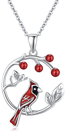 Waysles Kardinal Vogel Halskette 925 Sterling Silber Emaille Roter Vogel Anhänger mit Zirkonia Zweig und Blatt Kette Tier Rot Vogel Schmuck für Damen Mädchen (Kardinal Vogel Halskette1)