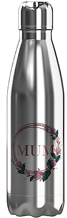 Print Maniacs Mothers Day Gift Stainless Steel Water Bottle Flower Thermal Vacuum Insulated Metal Water Bottle for 12 Hours Hot & 24 Hours Cold Drinks Sports Flask Work Gym Travel 500ml (Silver)