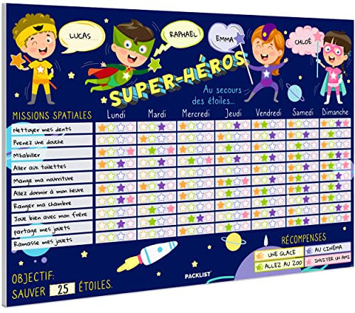 PACKLIST Tableau de Récompenses pour Enfants en Français Super-HÉROS – Tableau des Responsabilités Personnalisable pour Inspirer Un Bon Comportement Éduquer dans Le Positif – Produit 100% Papier
