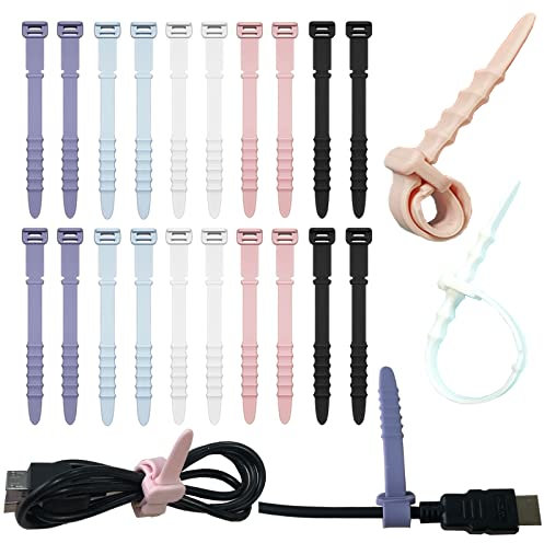 Silicone Zip Ties, Reusable Zip Ties, 20pcs Rubber Cable Ties Straps for Wire Management, Elastic Cable Organizer for Home Office Table Desk. 4.5” Cord Ties in White, Black, Pink, Purple and Blue
